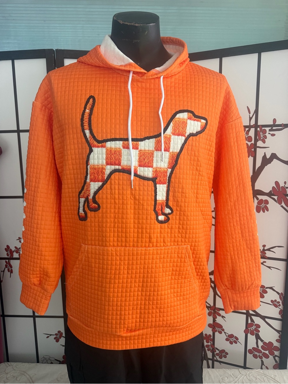 Men's Orange Plaid Dog Appliqué Crewneck Hoodie Sweater